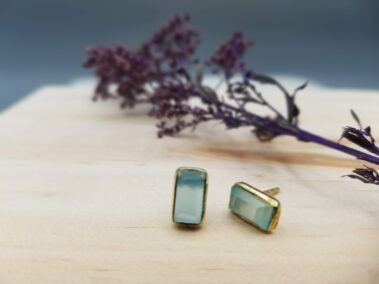 gold plated chalcedony stone studs with an art deco vibe