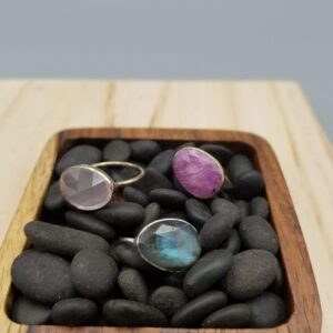 three rings with labradorite, wonder sapphire and rose quartz, hand crafted and in a minimalist setting