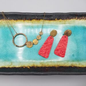 stylish combo of hand-crafted raw brass necklace and bright red handmade paper earrings